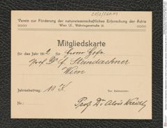 Nachlass Franz Steindachner, Mitgliedskarte von Verein zur Förderung der naturwiss. Erforschung der Adria an Franz Steindachner (1912), Inv.Nr. 560.01, Seite 1